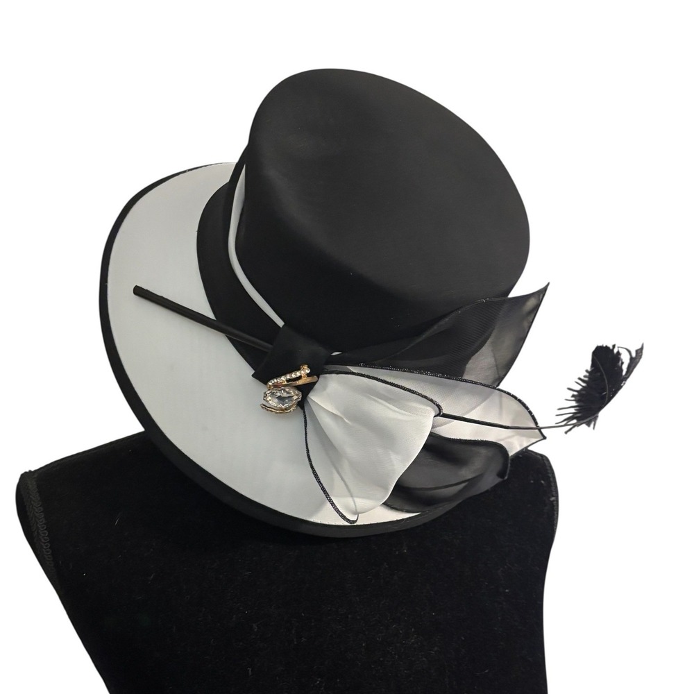 June's Young London Black White Feather Hat Kentucky Derby Wedding Church Brooch - Picture 2 of 5